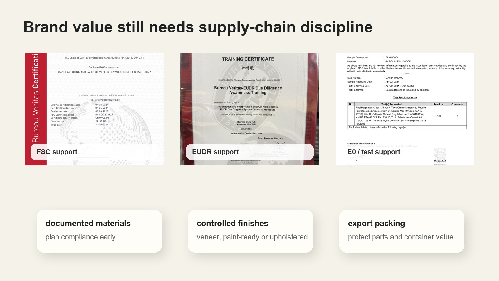 FSC EUDR E0 support for sustainable brand furniture plywood components
