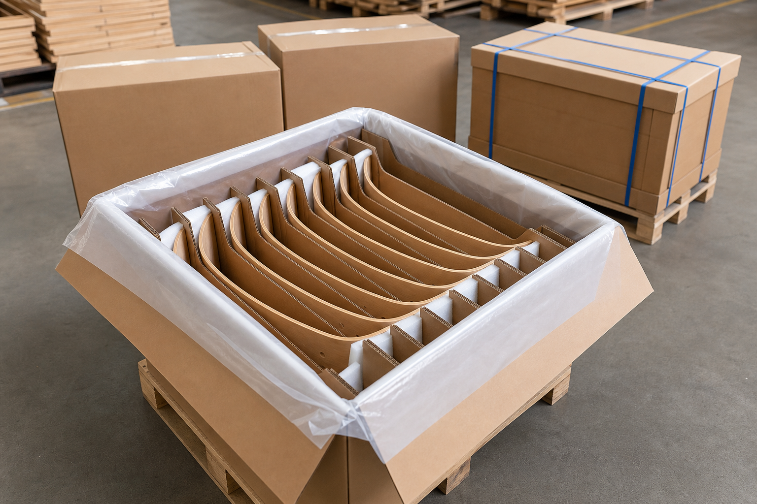 Curved plywood chair backs protected with dividers and edge cushioning inside export packaging.