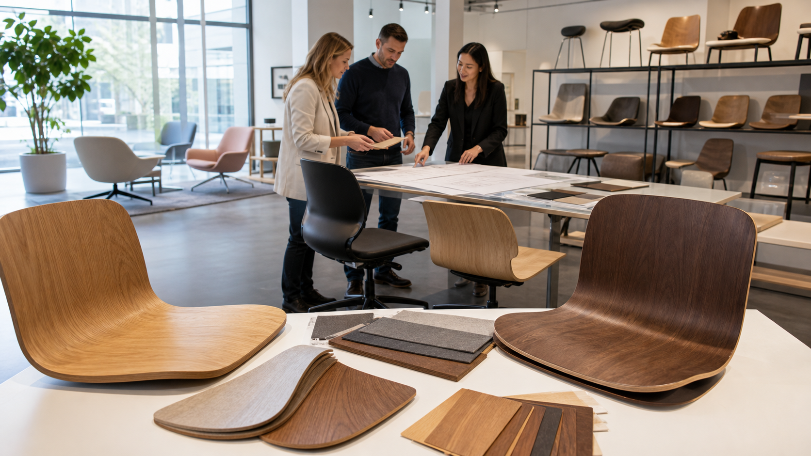 European furniture buyers reviewing curved plywood chair platforms and finish samples in a premium showroom.