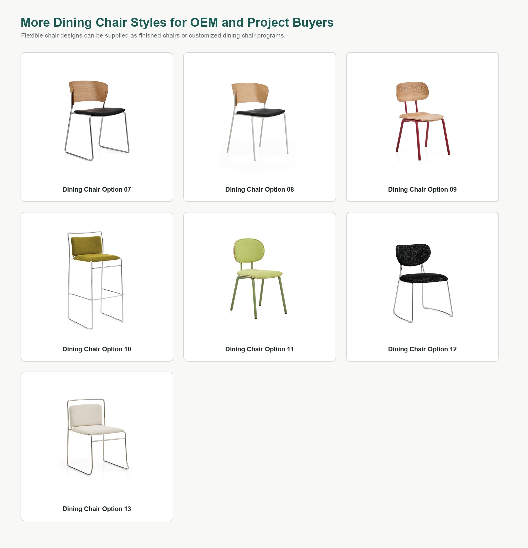 DALI dining chair product options seven to thirteen for restaurant hotel canteen and OEM chair programs.