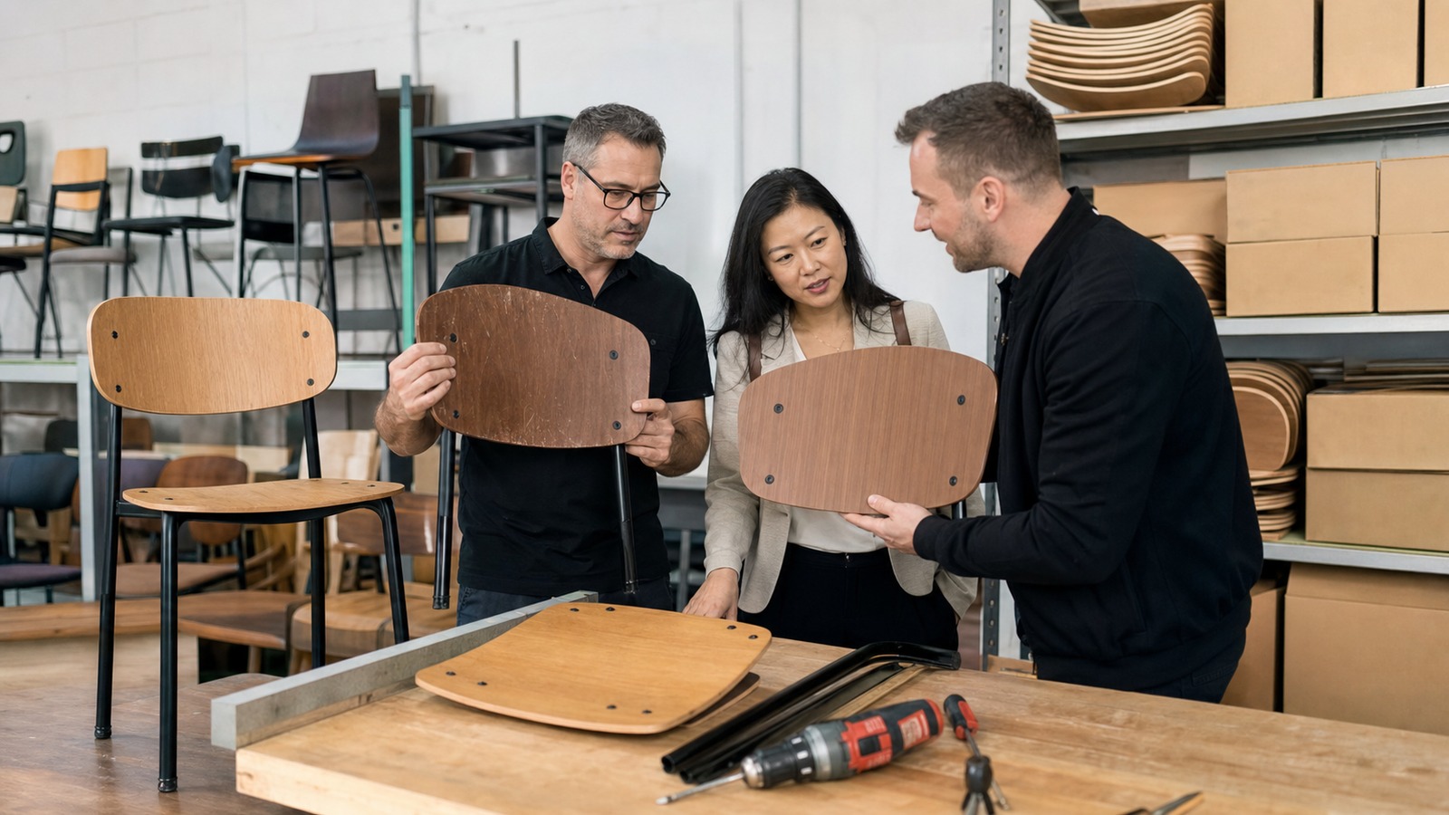 Furniture buyer and technicians comparing replaceable plywood chair components in a warehouse sample area.
