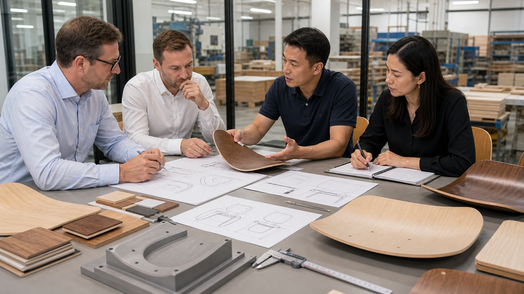 Furniture buyers and supplier engineer reviewing curved plywood mold development drawings