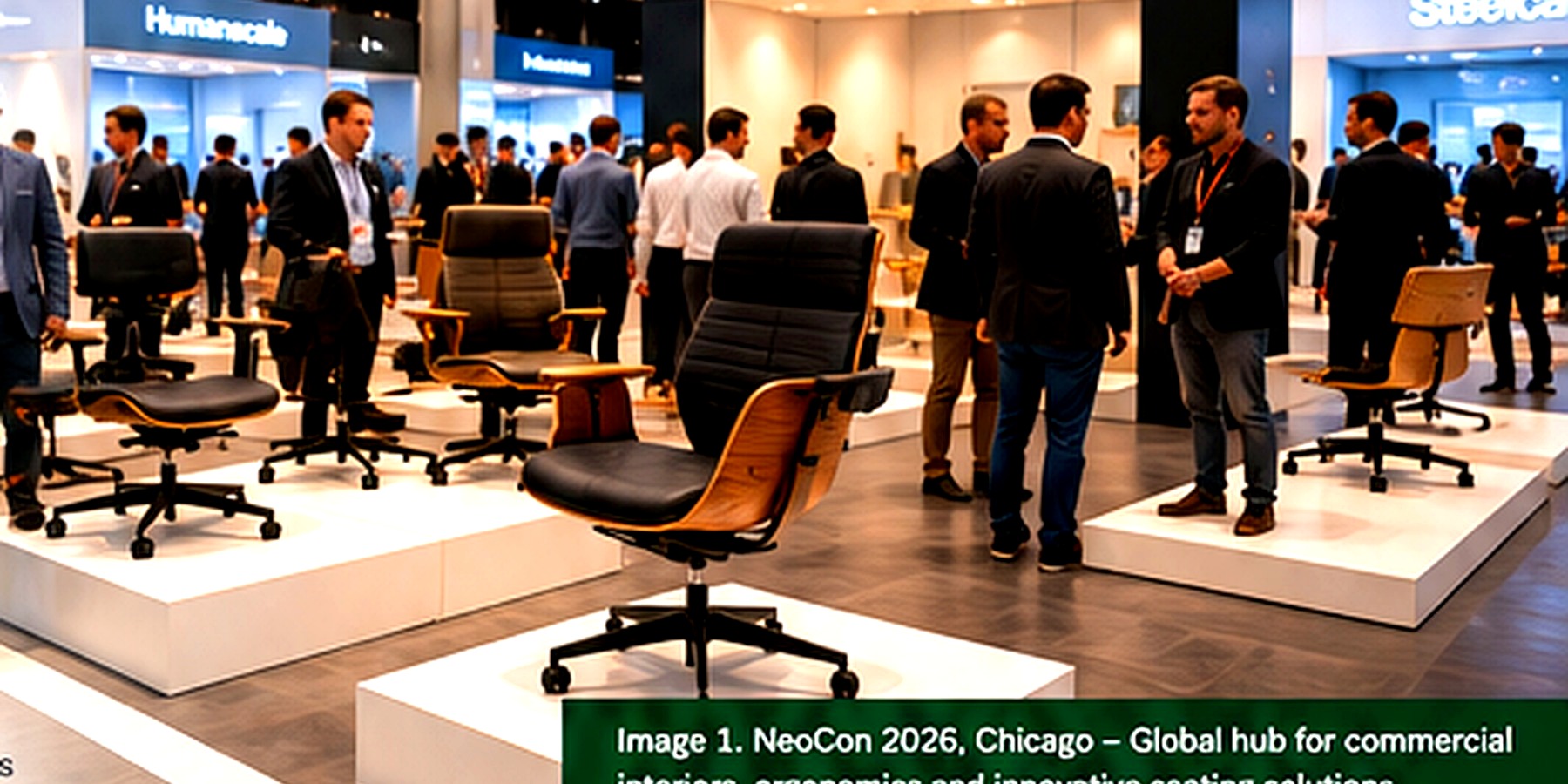 Office furniture exhibition visitors exploring ergonomic seating and chair components.