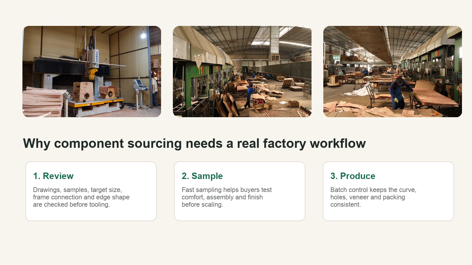 DALI fast sampling and custom mold factory workflow for bent plywood furniture components.