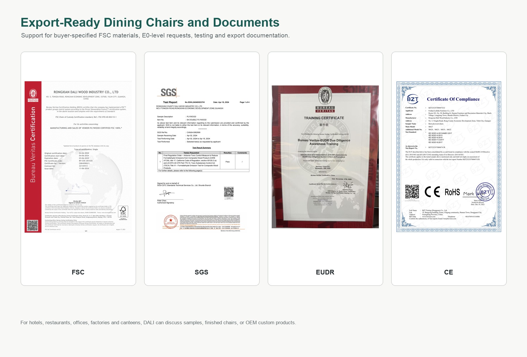 DALI documents for FSC material communication SGS EUDR CE and export dining chair buyer requirements.