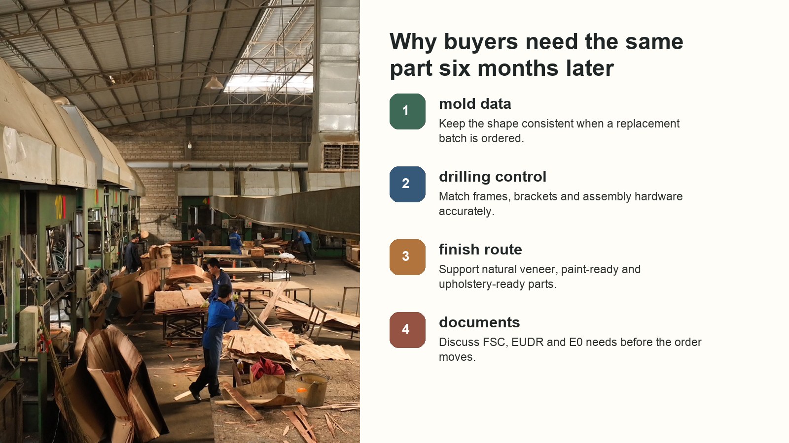 DALI factory production for repeatable molded plywood chair backs and repair parts