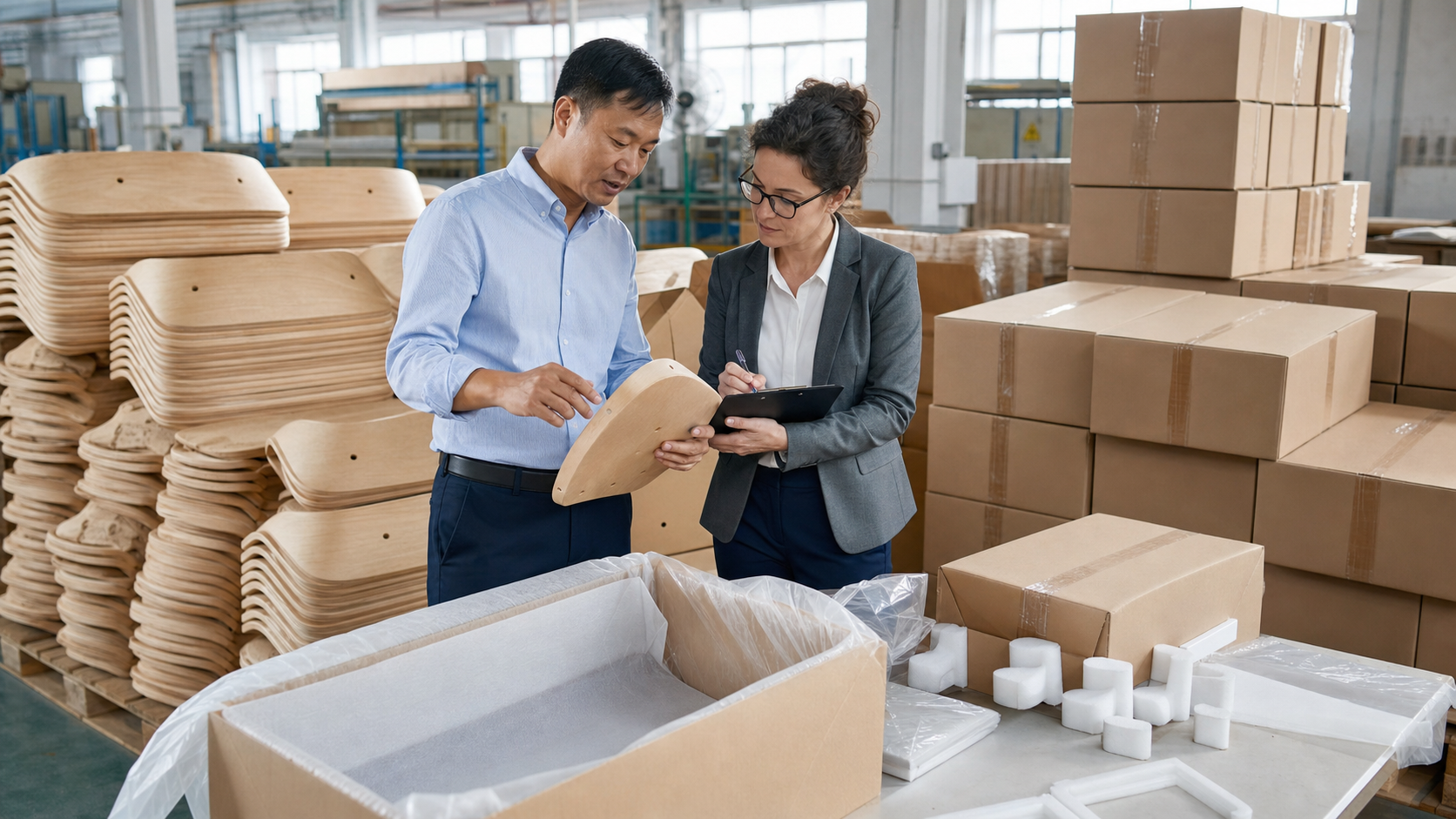 Furniture buyer and packaging engineer reviewing export protection for curved plywood chair components
