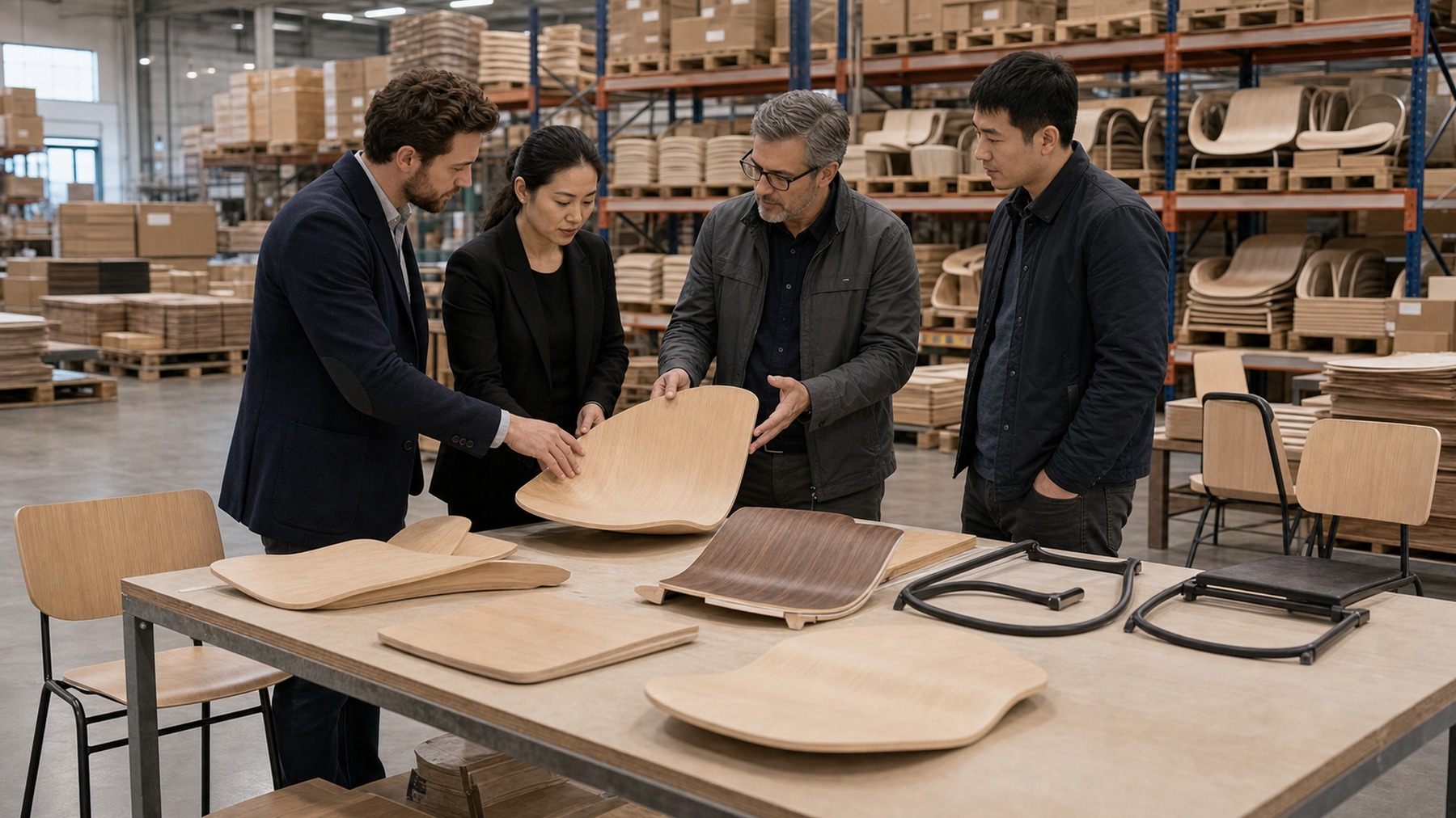 AI-generated warehouse discussion scene with buyers reviewing realistic bent plywood chair backs and seats.