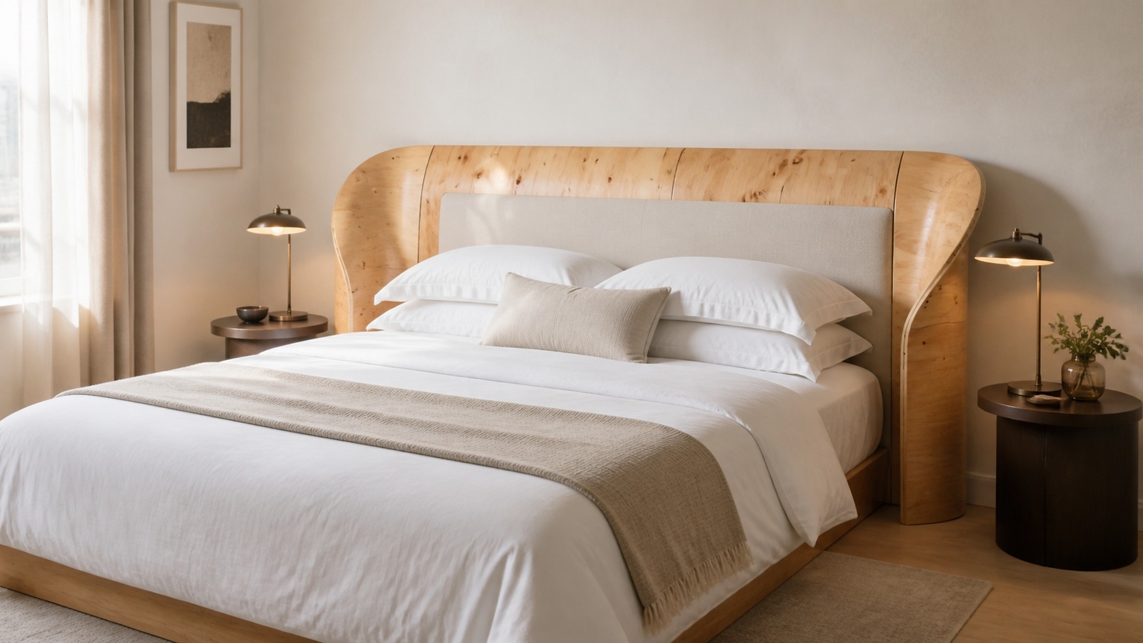 Boutique hotel bed with a wide curved molded plywood headboard surrounding an upholstered center panel.