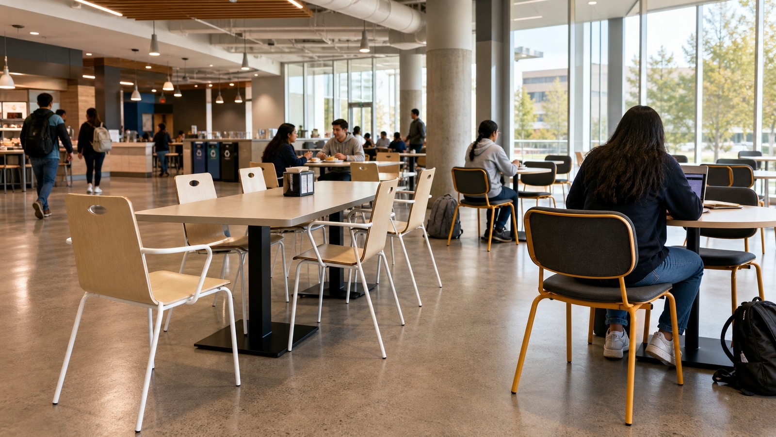 North American campus dining commons with plywood cafeteria chairs and comfortable study-zone seating.