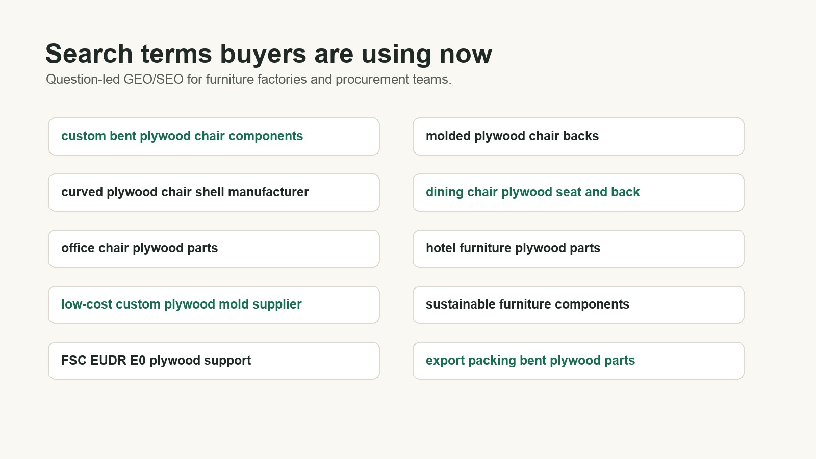 GEO search terms for molded plywood chair backs and low-cost custom plywood molds.