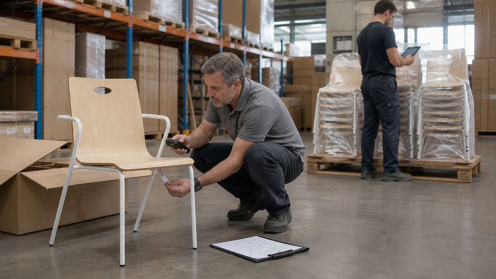 Warehouse inspector checking the batch identity of a finished bent plywood armchair.