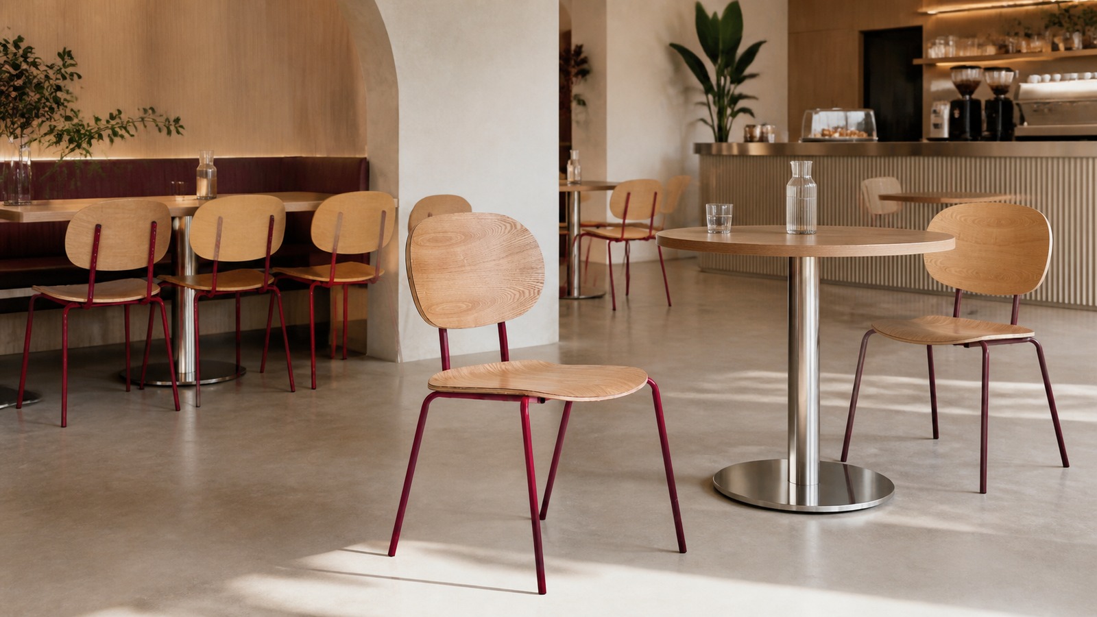 Natural veneer dining chairs with burgundy metal frames in a contemporary European cafe.