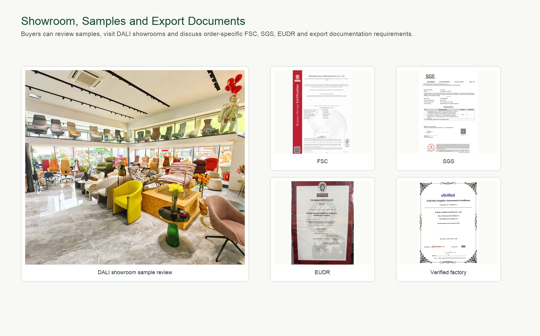 DALI showroom certificates and export buyer documentation support for molded plywood chair projects.