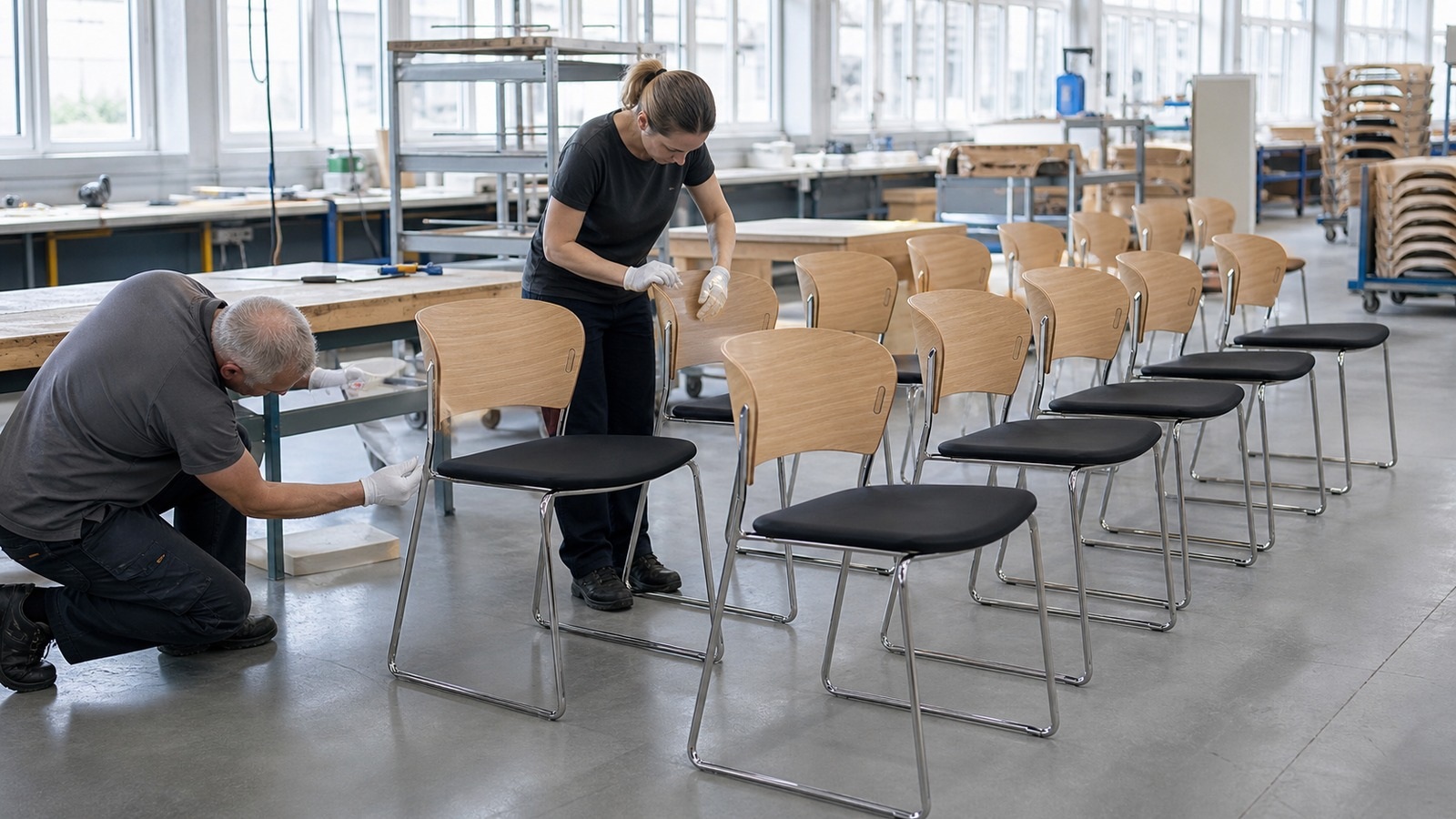 Small batch of plywood chairs undergoing alignment and finish quality inspection.
