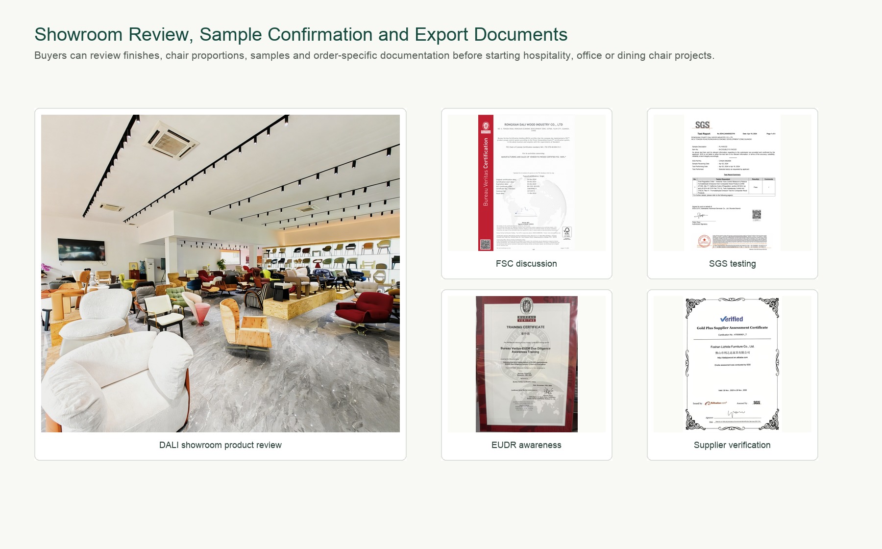 DALI showroom review and export documents for global bent plywood chair buyers.