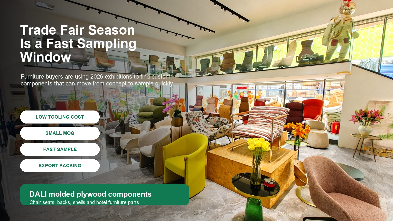 2026 furniture trade fair sourcing for custom bent plywood chair components.