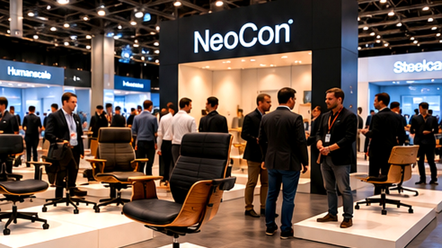 European furniture exhibition visitors reviewing office seating and custom bent plywood chair solutions