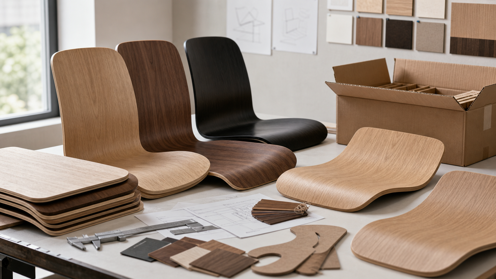 Finished curved plywood chair backs and molded plywood seats reviewed with samples and measurement tools.