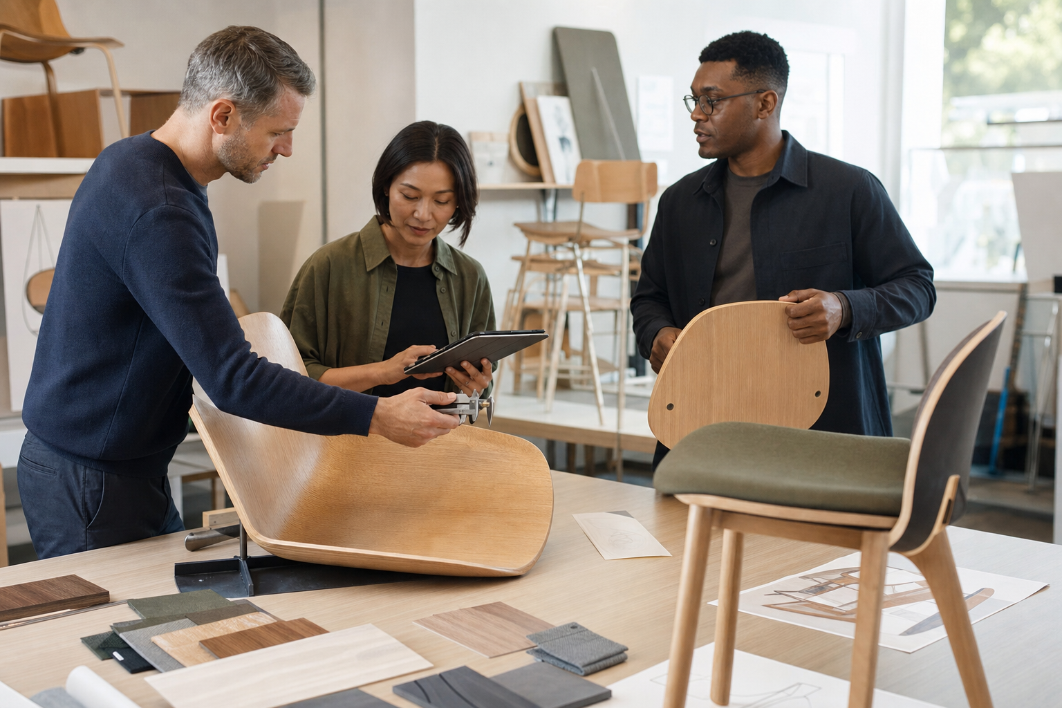 European and American furniture buyers reviewing custom curved plywood chair prototypes and measurements.