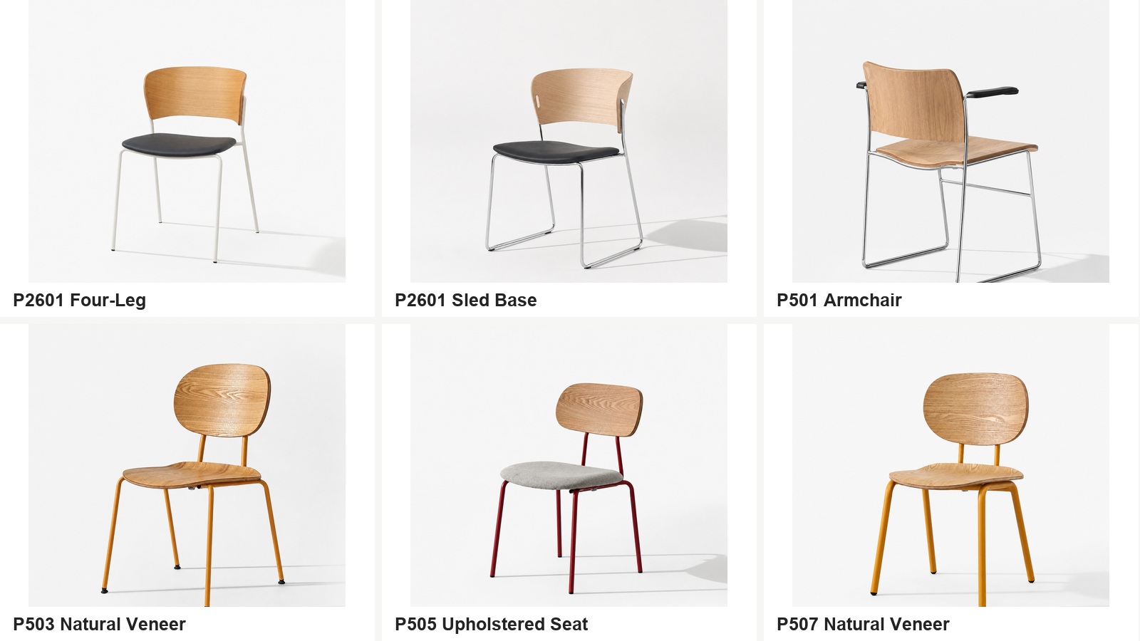 Six new DALI natural veneer dining chair models in four-leg, sled-base, armchair and upholstered configurations.