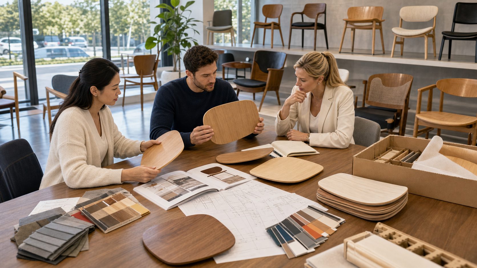 International furniture buyers reviewing bent plywood chair components in a sourcing meeting