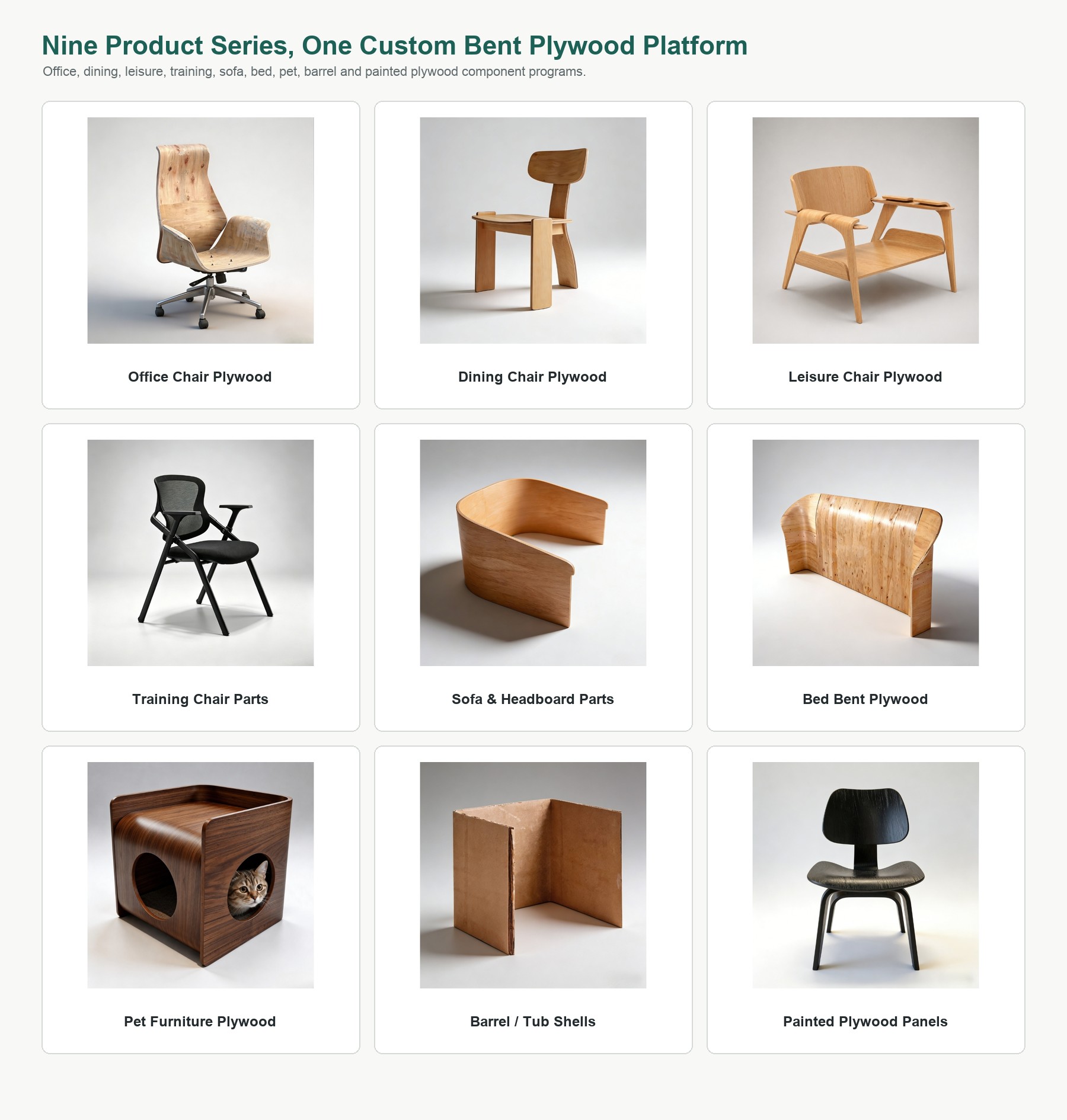DALI Plywood nine product series including office chair plywood, dining chair plywood and leisure chair plywood.