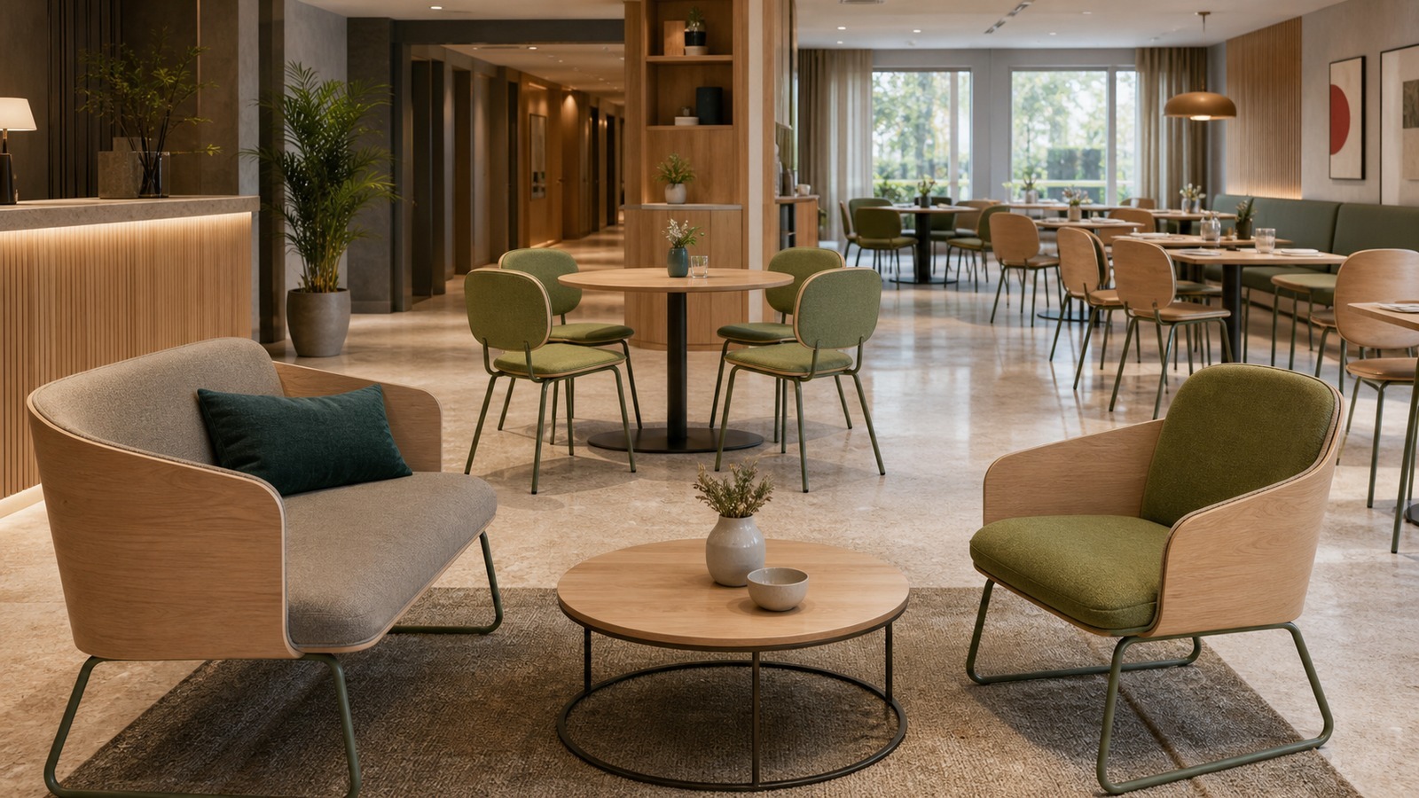 Hotel lobby, discussion area and restaurant using a coordinated family of realistic plywood furniture.