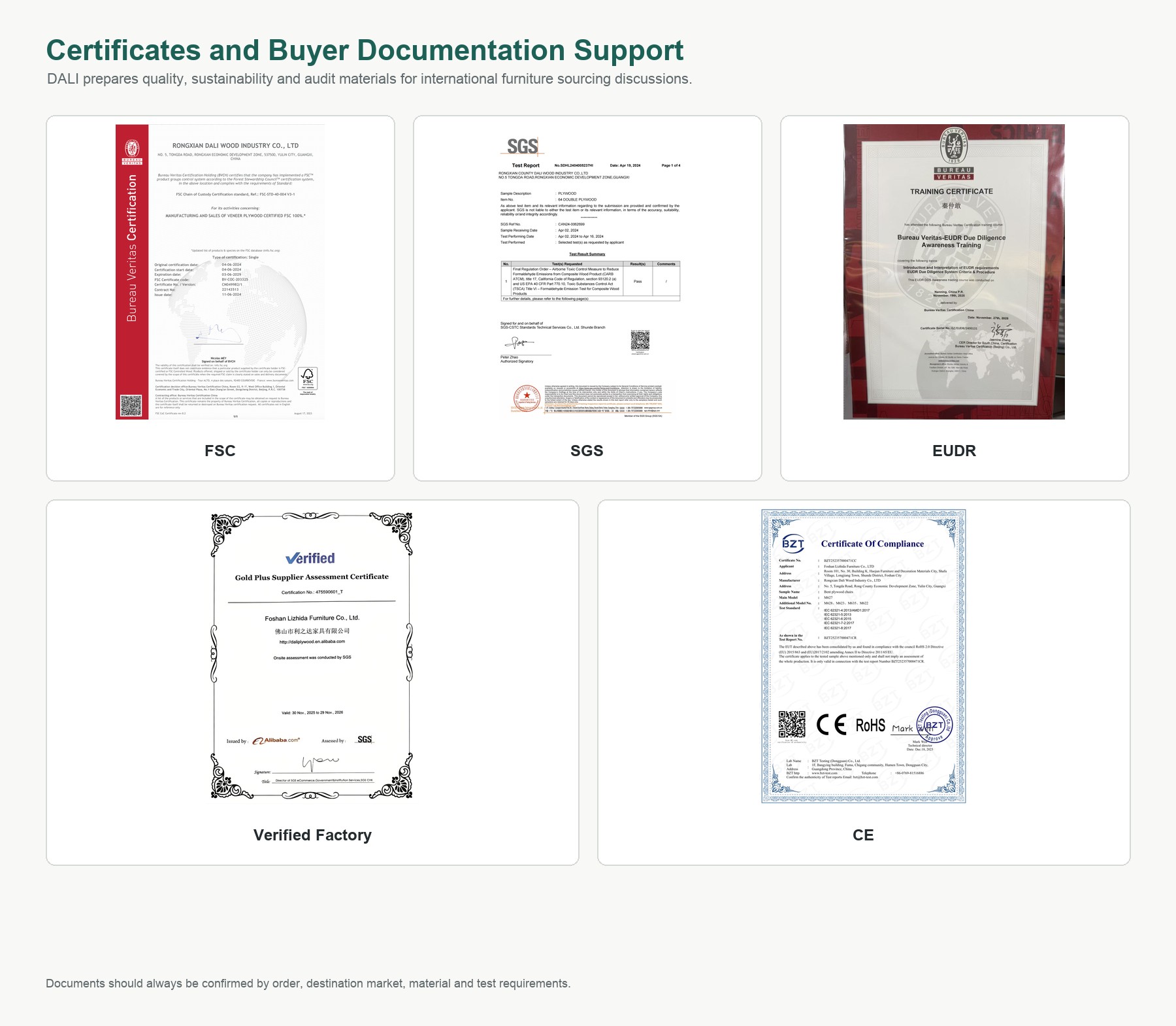 DALI Plywood certificates and buyer documentation including FSC, SGS, EUDR, verified factory and CE materials.