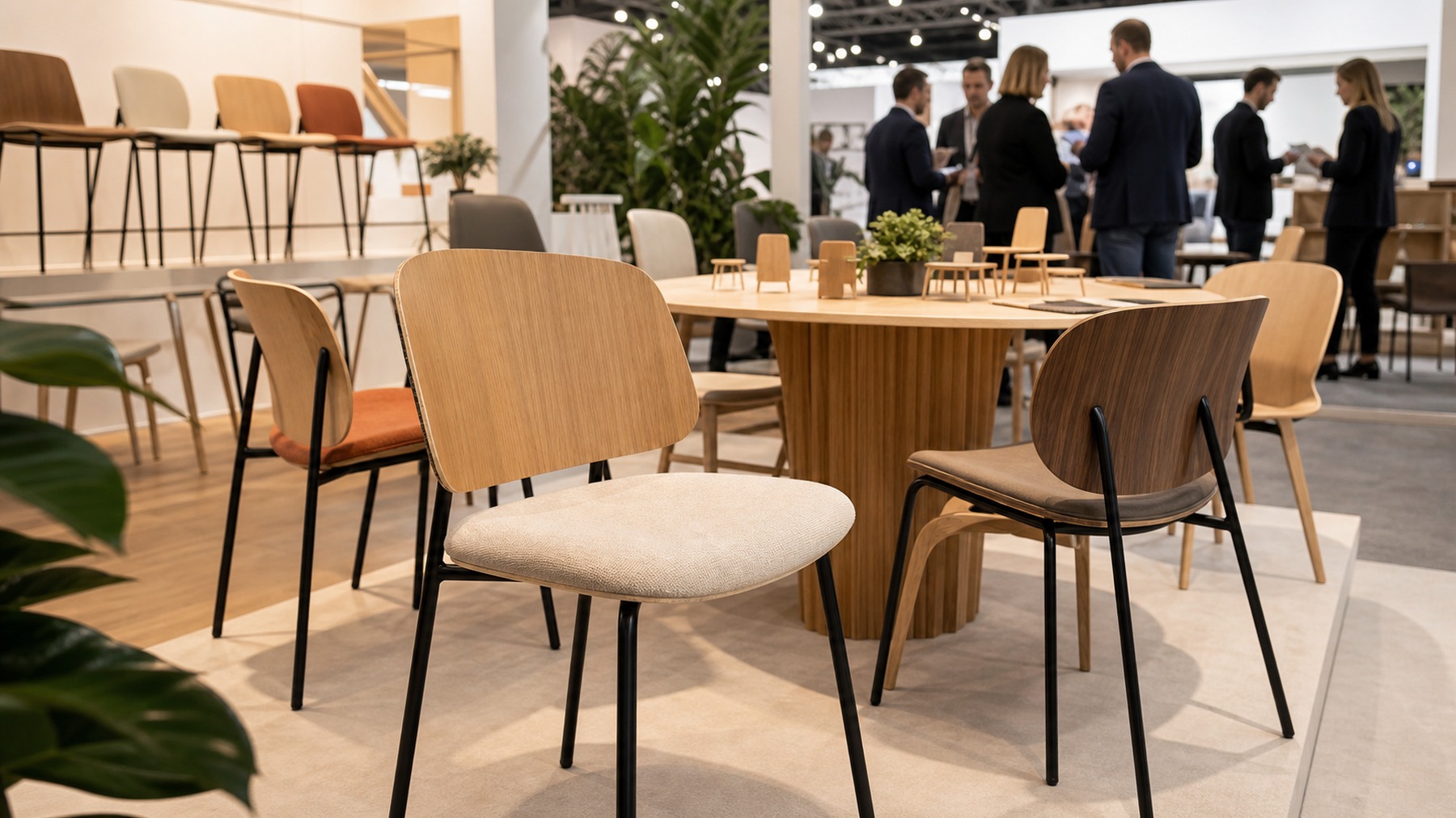 AI-generated international furniture fair concept image with new bent plywood dining chair designs.