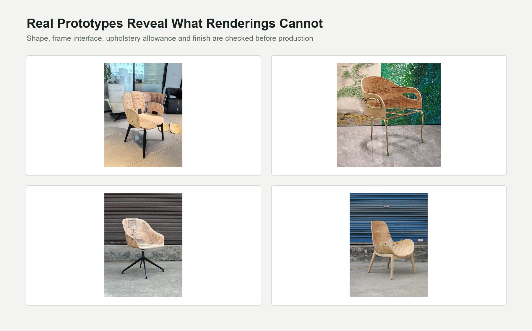 Real DALI chair prototypes showing plywood geometry, frame interfaces and development details.