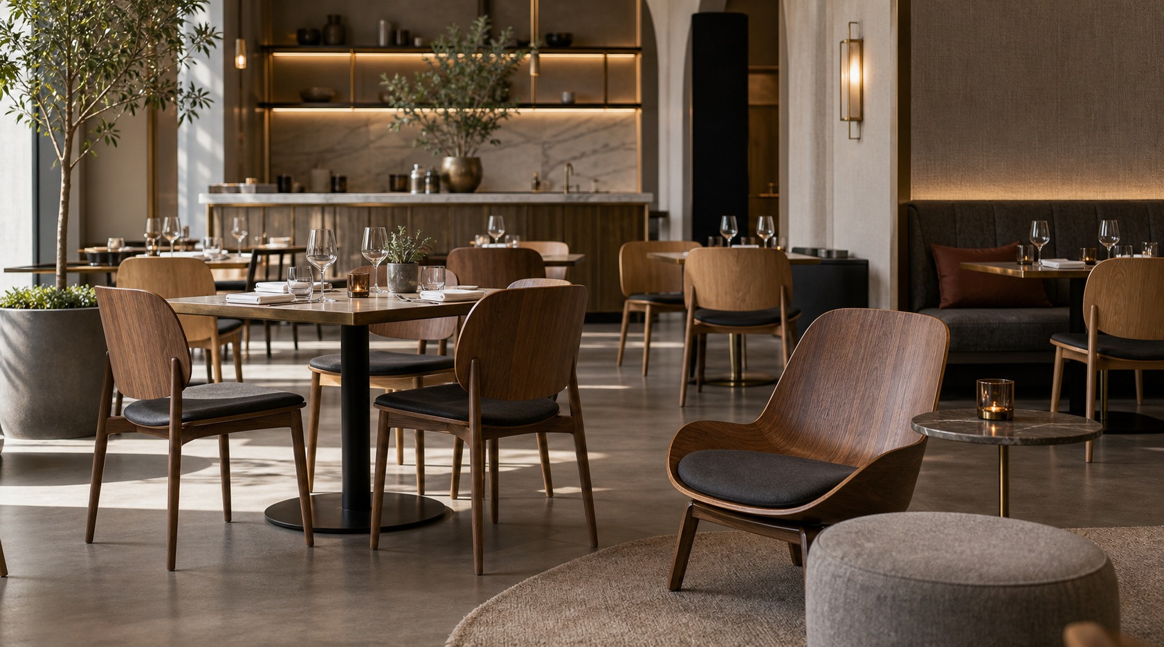 Hospitality interior with bent plywood dining chairs and lounge seating in a premium restaurant setting.
