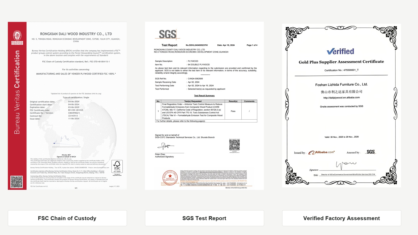 DALI FSC Chain of Custody certificate, SGS plywood test report and verified factory assessment.