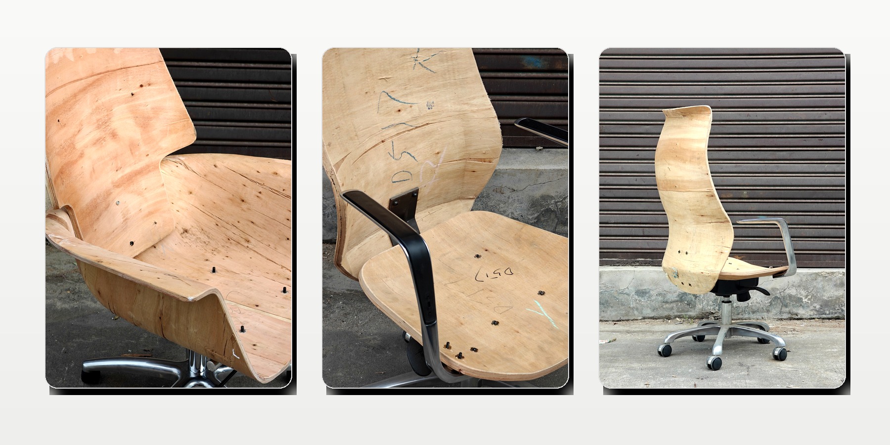 Close-up details of molded plywood office chair shell construction.