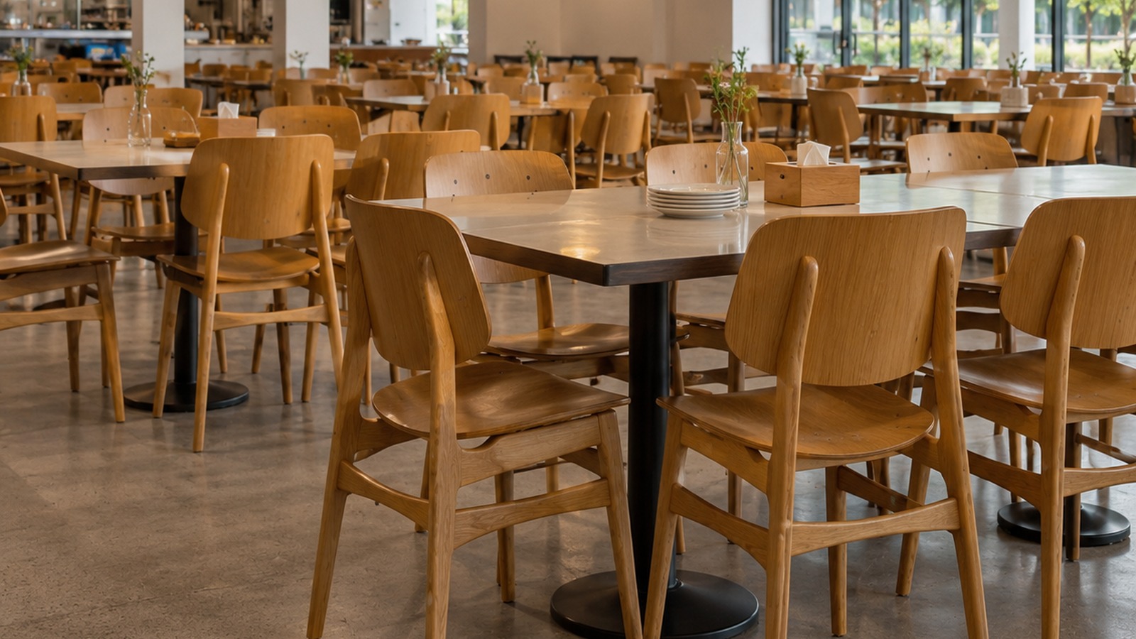 Wooden dining chairs used in a bright canteen space.