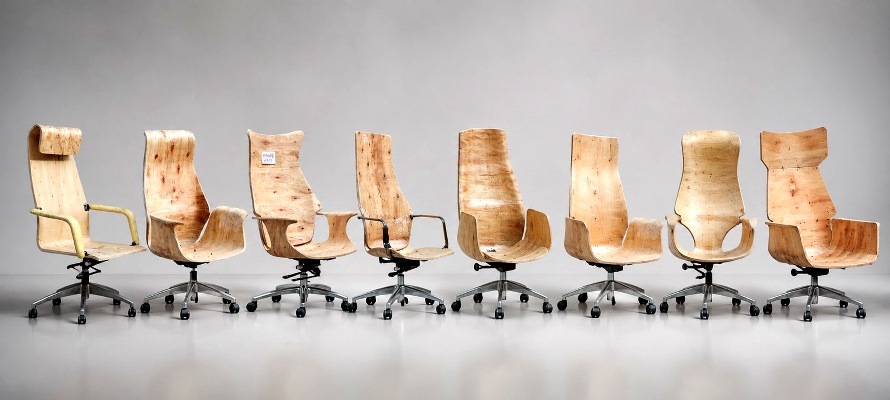 Custom bent plywood office chair shells for ergonomic seating development.