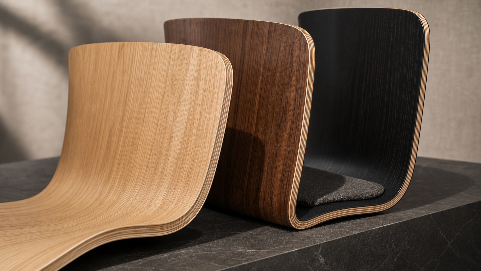 Close-up of curved plywood chair backs showing veneer grain, laminated edge layers and finish quality.