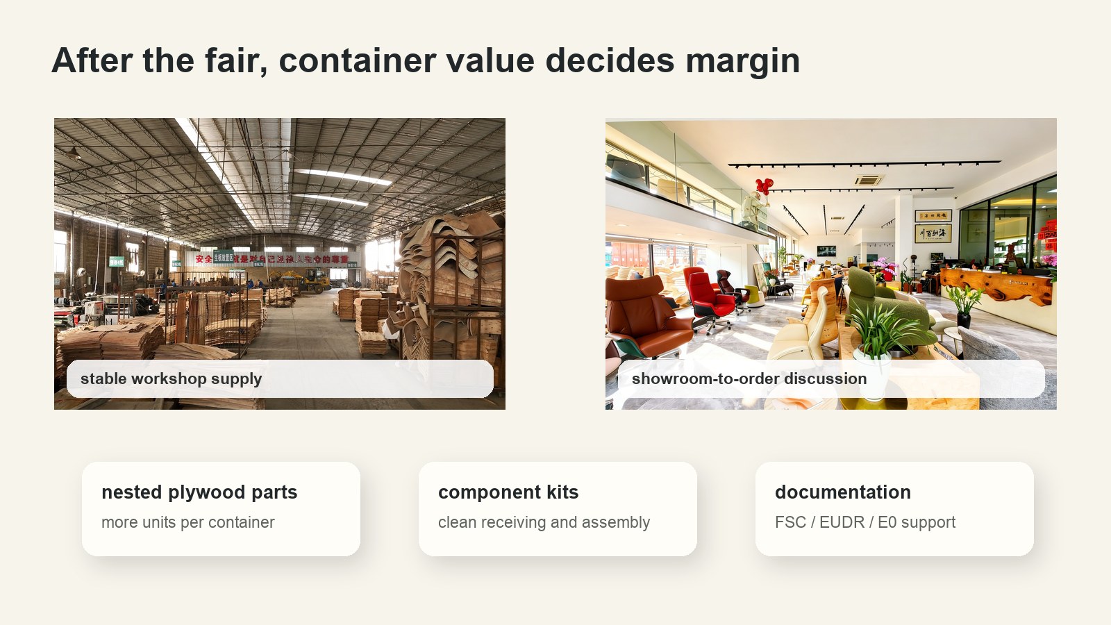 Export packing and container value for bent plywood furniture components after Shanghai fair week