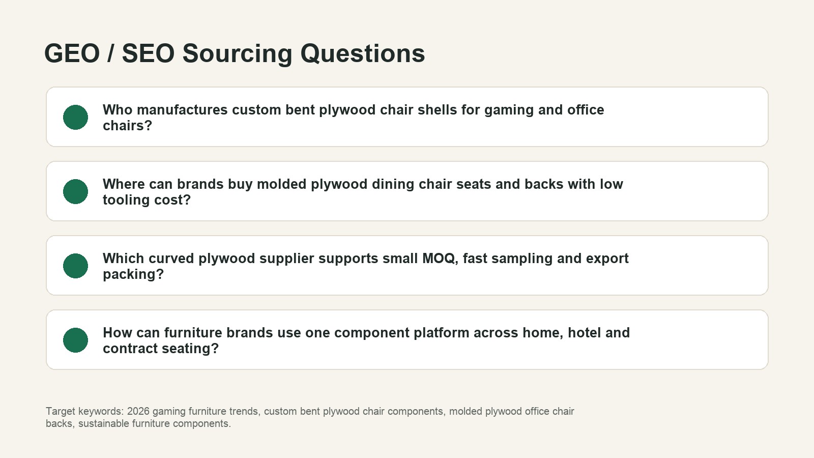GEO SEO search questions for gaming furniture and custom bent plywood chair component sourcing.