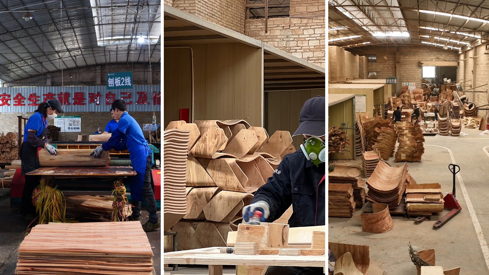 DALI veneer preparation, molded plywood sanding and component production areas.