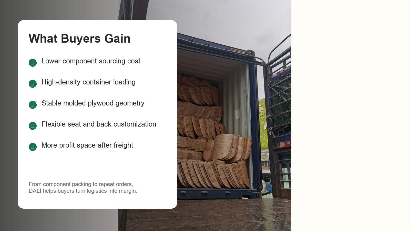 DALI bent plywood chair components loaded with quality and packing control.