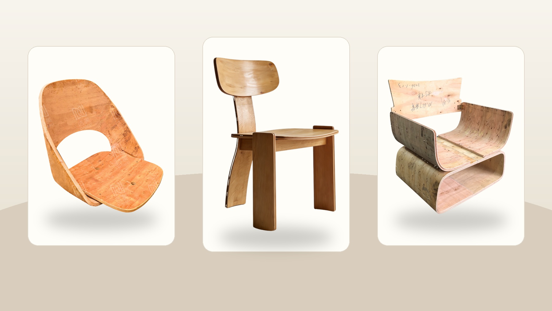 Range of custom curved plywood components for office chairs dining chairs lounge chairs and furniture production