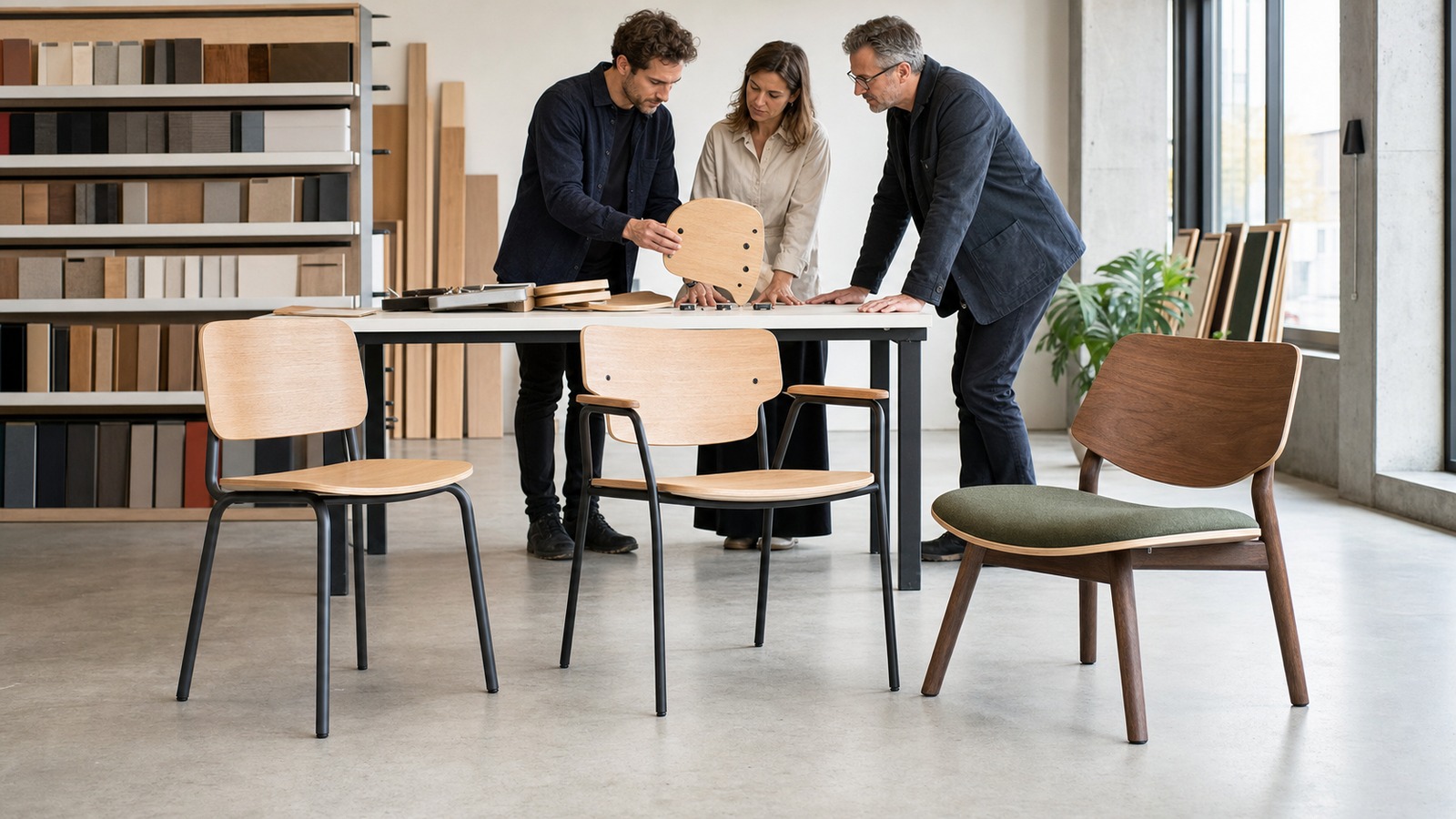 Furniture designers reviewing a durable modular chair family with molded plywood seats and backs.