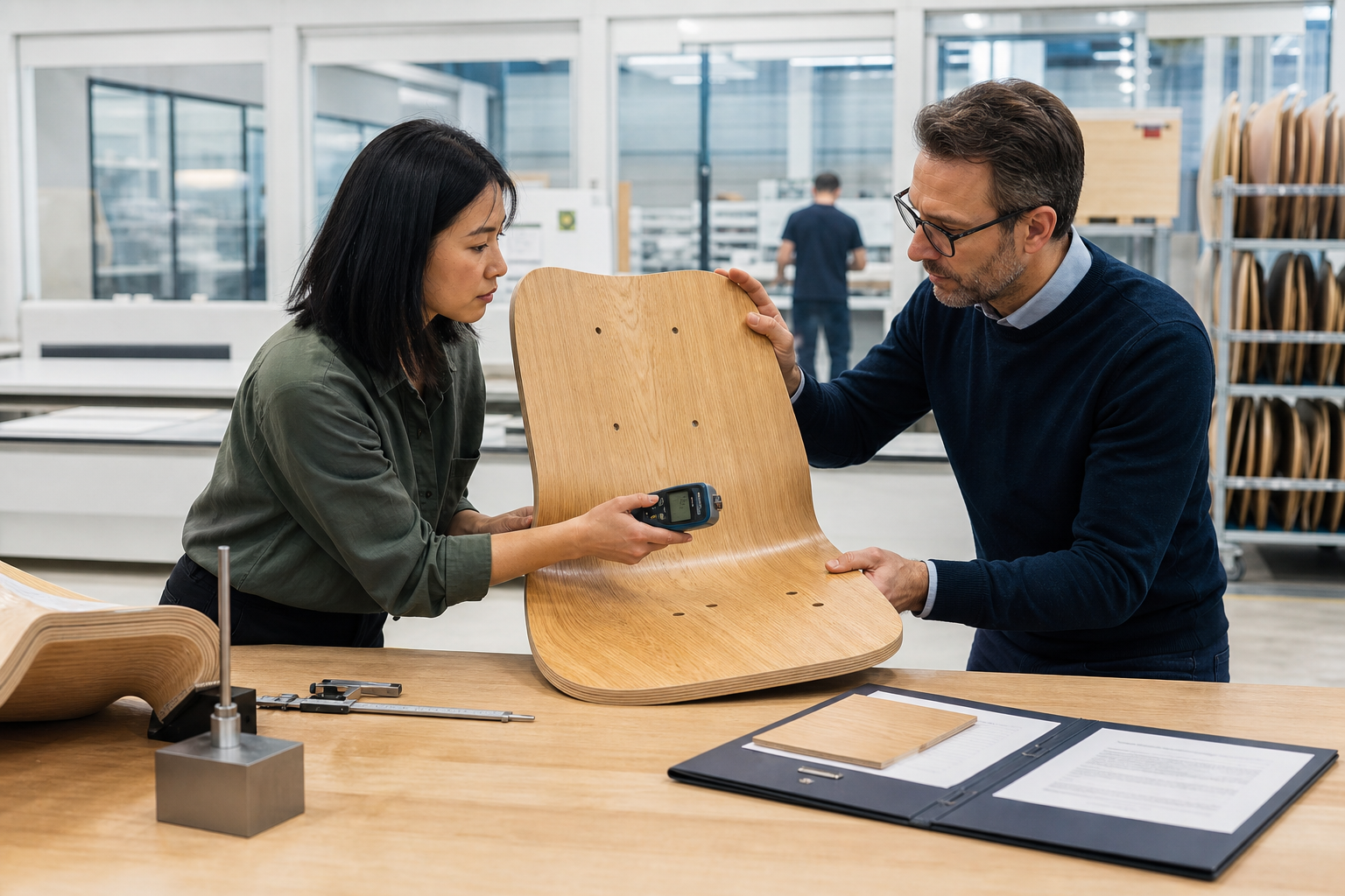 Furniture sourcing manager and quality engineer inspecting a molded plywood chair shell and material records.