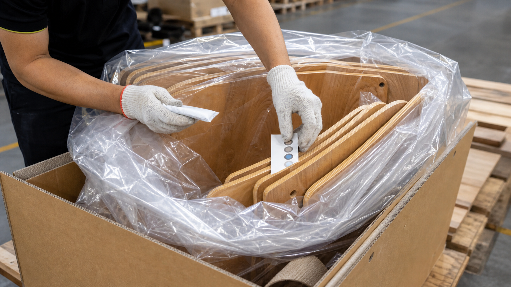 Worker preparing moisture protection for packed molded plywood chair components