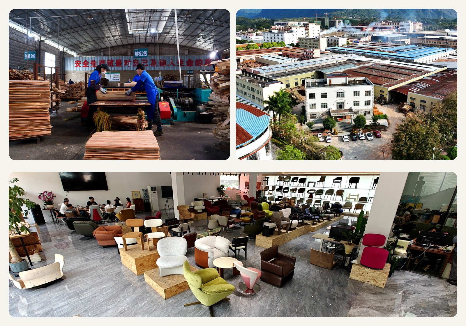DALI factory workshop, production base and Foshan showroom for bent plywood furniture components.