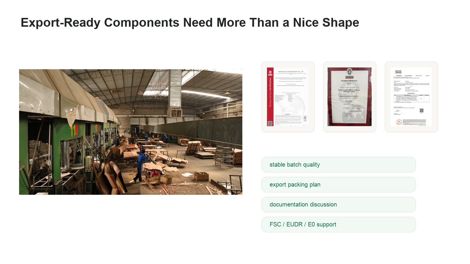 Export-ready bent plywood components with FSC EUDR E0 and packing support.