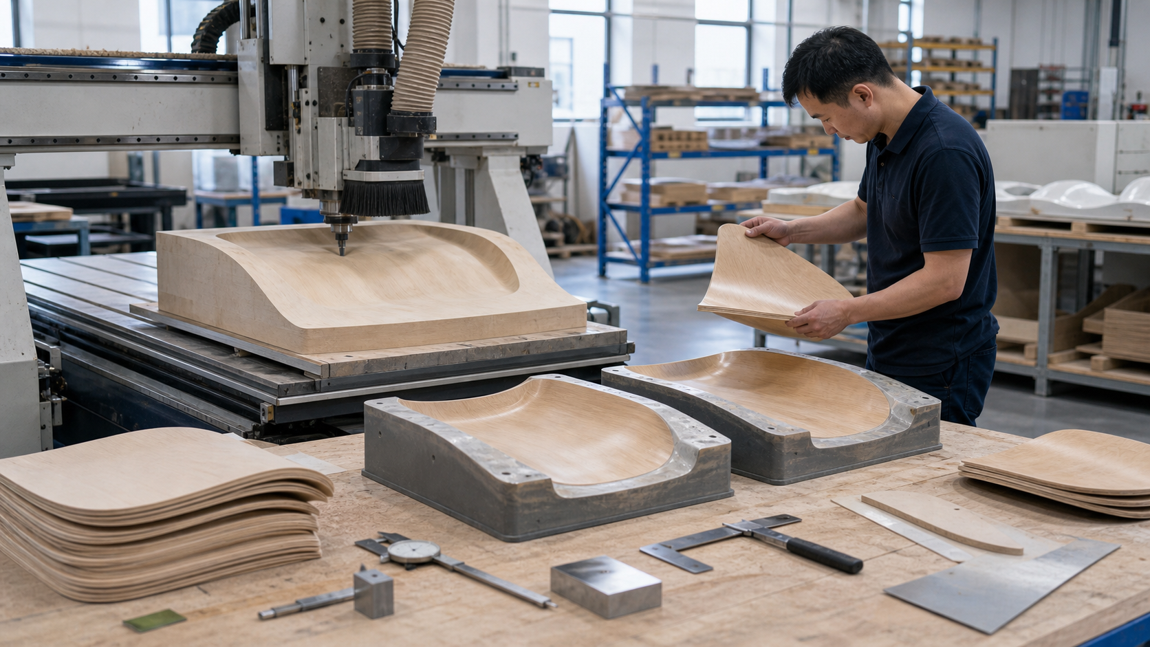 CNC mold preparation for custom curved plywood chair seats and backrests