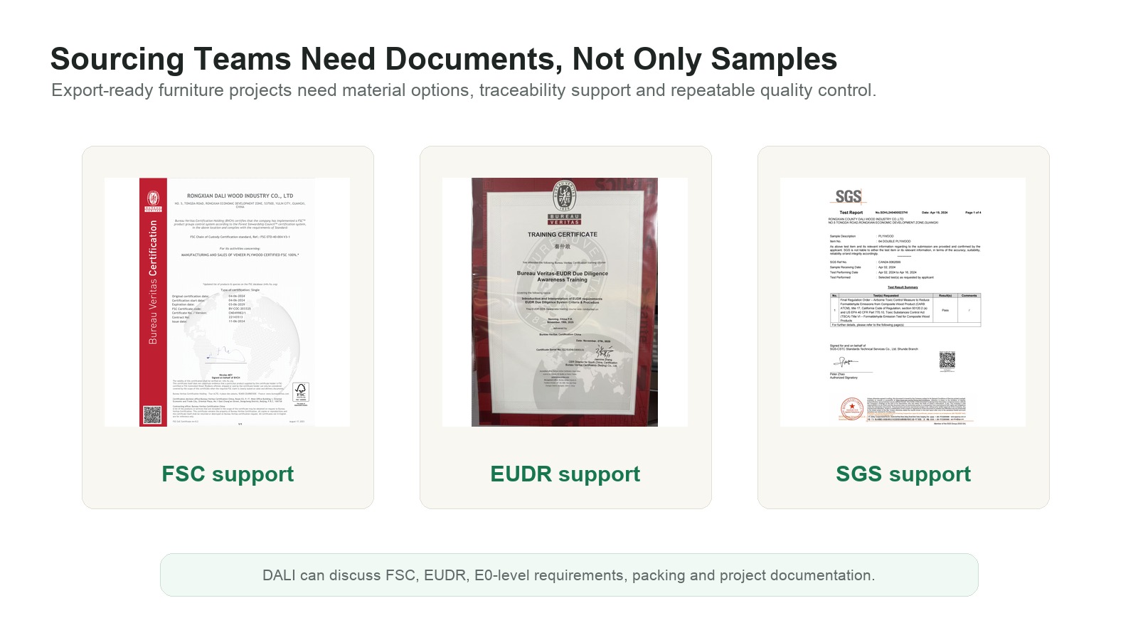 FSC EUDR SGS documentation support for export furniture components.