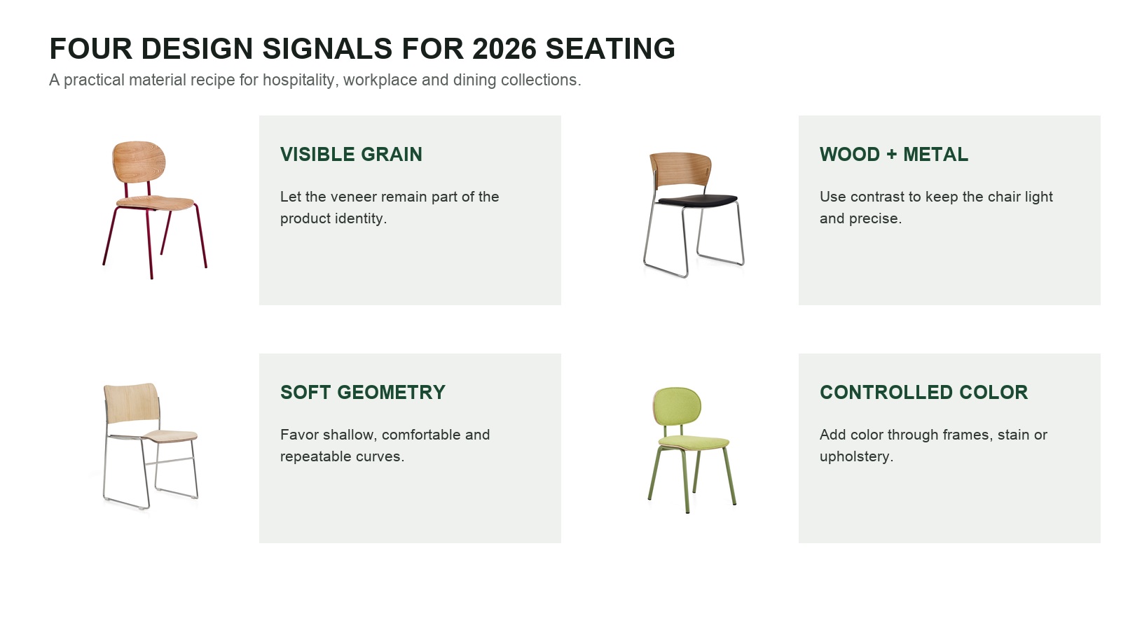 Four 2026 chair design signals showing visible wood grain, wood and metal, soft geometry and controlled color.